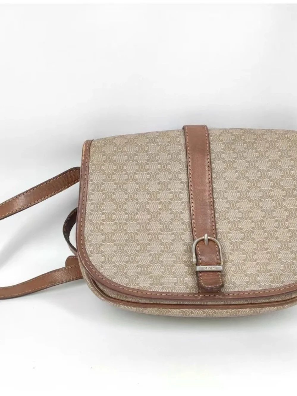 Celine Beige Monogram Canvas Crossbody with Brown Leather Trim